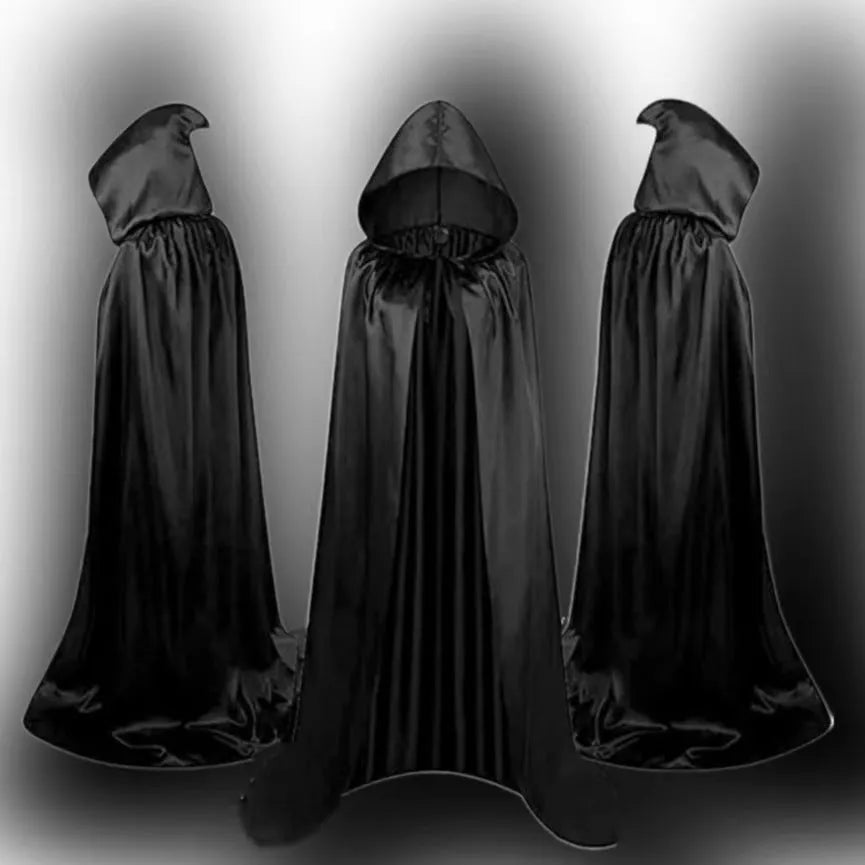 Black satin hooded cloak costume shown on mannequin with gold and purple colour options visible