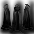 Black satin hooded cloak costume shown on mannequin with gold and purple colour options visible