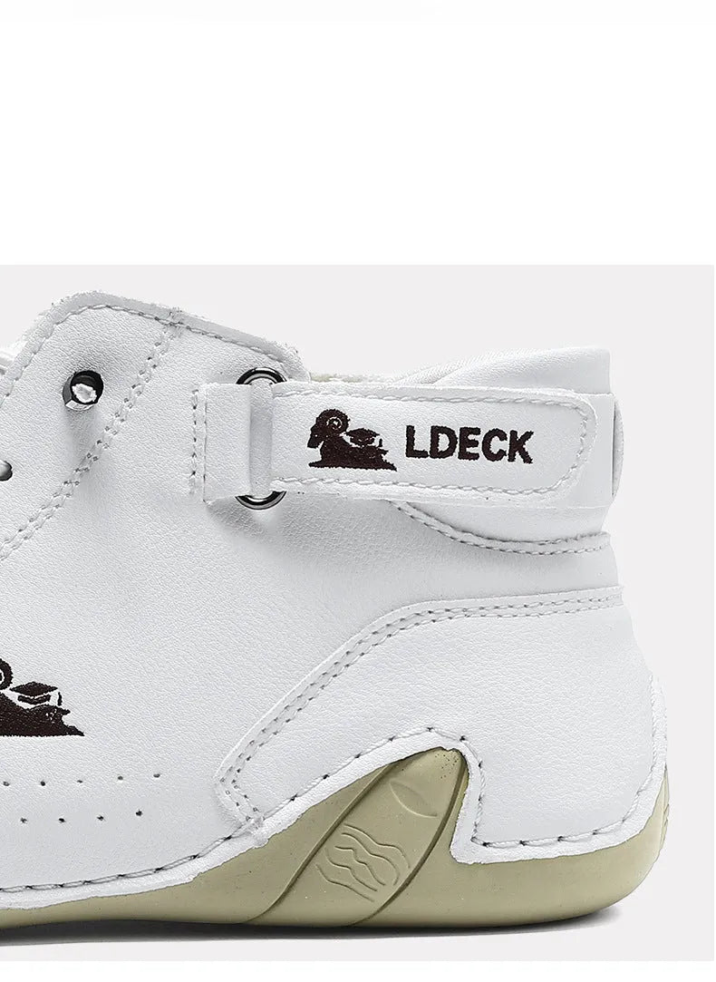 Men's khaki high-top casual shoes with a microfiber upper and a flat rubber sole.