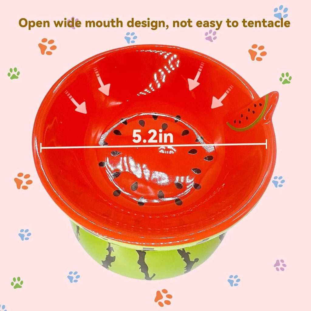 Ceramic raised cat bowl with tilted design in fruit pattern, elevated feeding dish for cats and small dogs