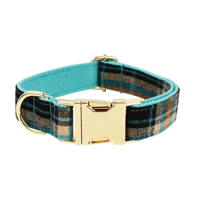 Green retro dog collar and leash four-piece set with matching vest and bow on cloth fabric
