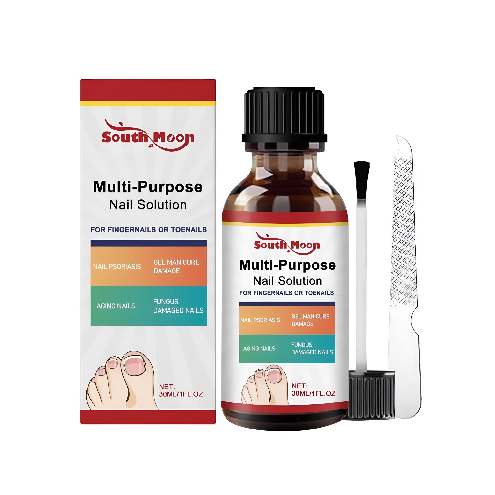 30ml nail care solution bottle with tea tree oil and white willow bark alongside included nail file