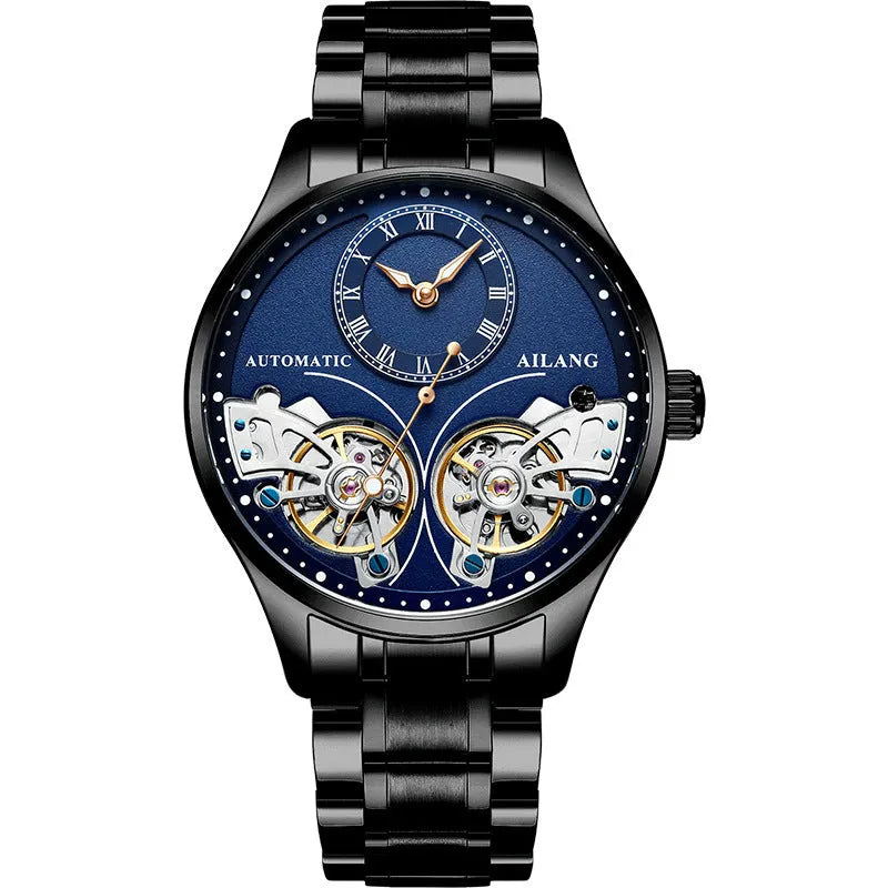 Automatic men's watch with tourbillon and moon phase on a round black dial in a titanium case.