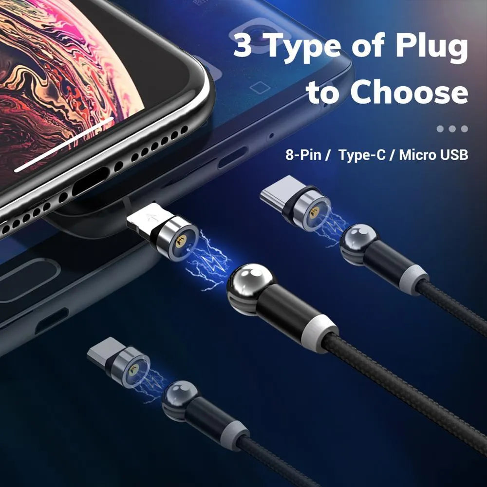 Black magnetic charging cable with spherical rotating head shown connected to mobile phone