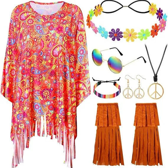 Colourful tie dye printed cloak costume with sleeveless bell sleeves on a mannequin