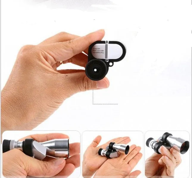 Aluminium alloy pocket monocular telescope with 8x magnification and 20mm lens, shown with canvas carry bag.