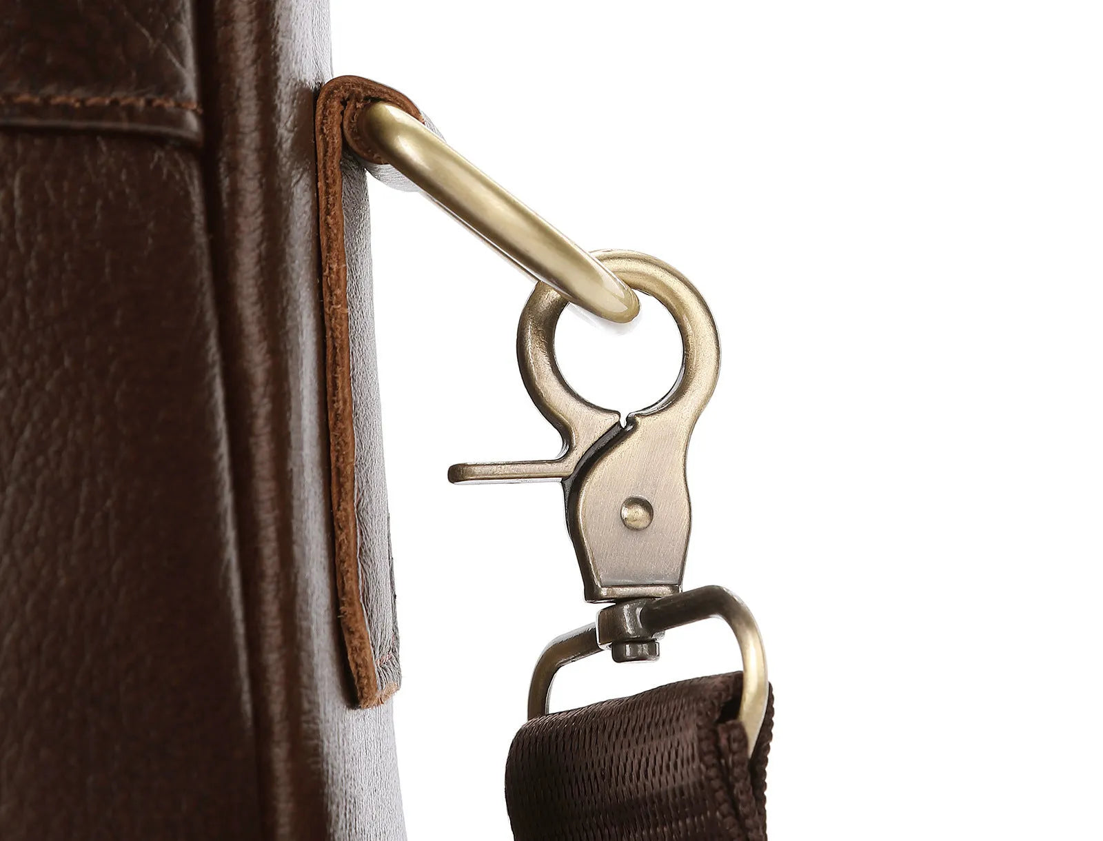 Men's brown cowhide leather cross-body briefcase with zipper front pocket on a neutral background