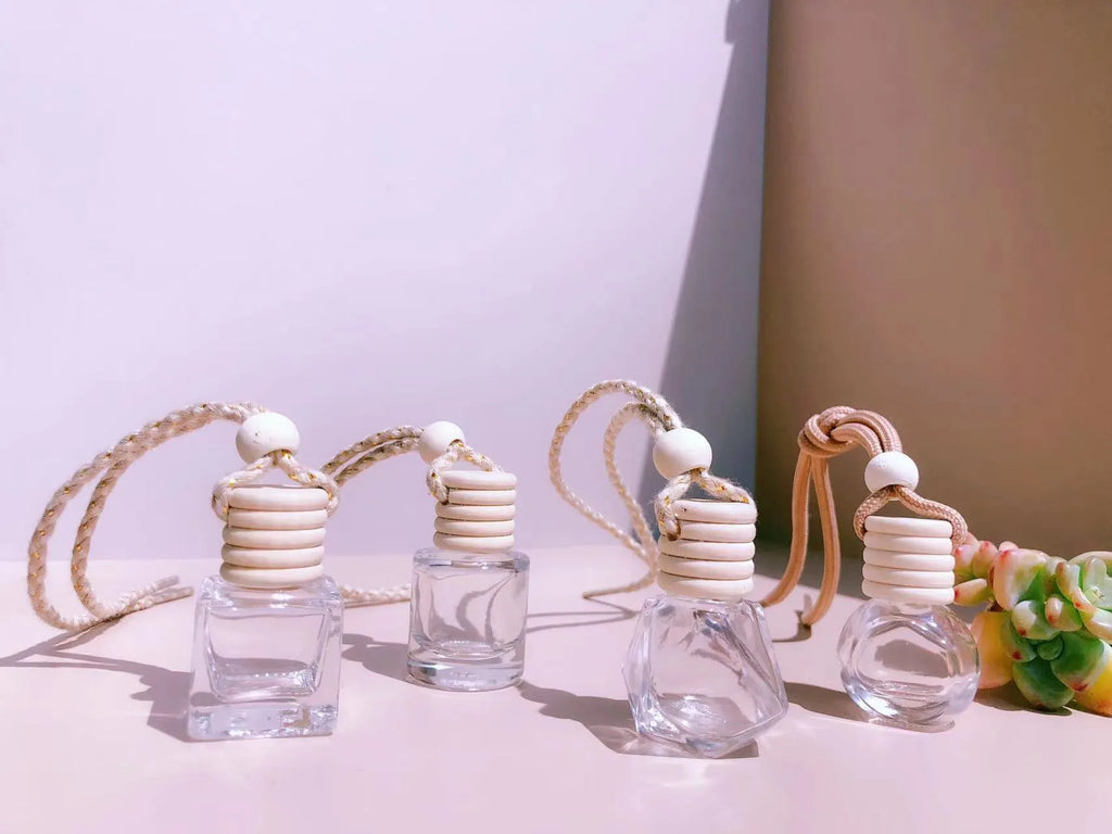 Glass bottle car perfume pendant in cylinder, diamond, flat drum, and square styles with 8ml or 6ml capacity
