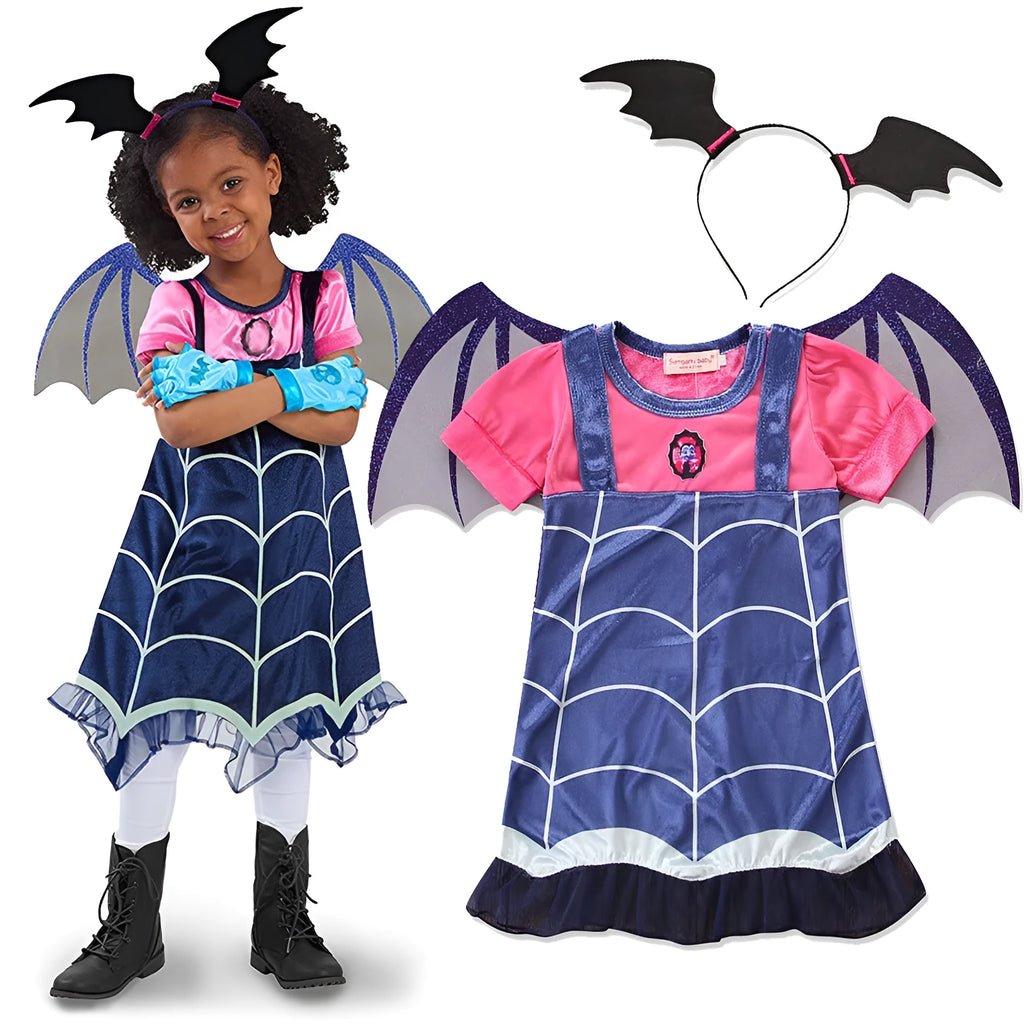 Plain blue cotton princess Halloween dress for toddler girl on hanger, showing short sleeves and simple design.