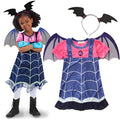 Plain blue cotton princess Halloween dress for toddler girl on hanger, showing short sleeves and simple design.