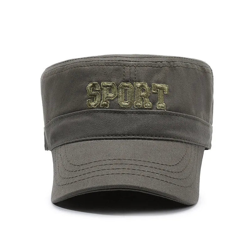 Cotton peaked cap in army green with adjustable strap and English letter detailing.