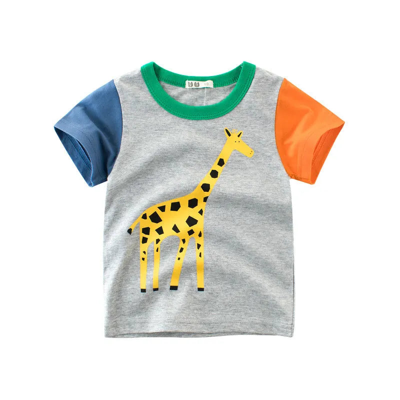 Children's cotton T-shirt with animal print, showing size options from 90cm to 140cm clothing length.