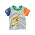 Children's cotton T-shirt with animal print, showing size options from 90cm to 140cm clothing length.