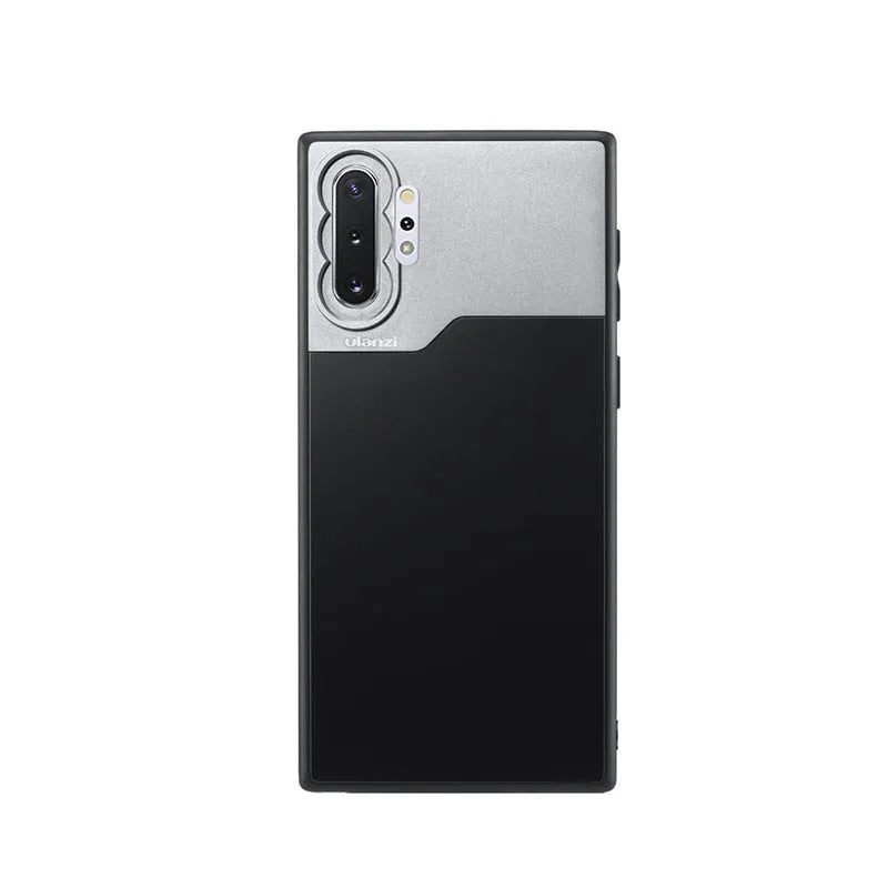 Rugged black mobile phone case with built-in lens cover for Samsung NOTE10 and iPhone 8 Plus, PC aluminium TPU construction