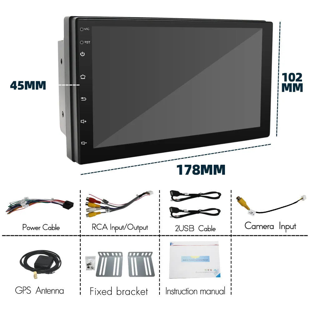 Black universal car MP5 player with 7-inch touchscreen showing GPS navigation maps and CarPlay interface
