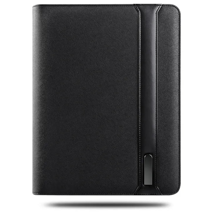 A4 multifunctional rechargeable folder notebook with wireless charger, 5000mAh battery, black colour-changing PU cover