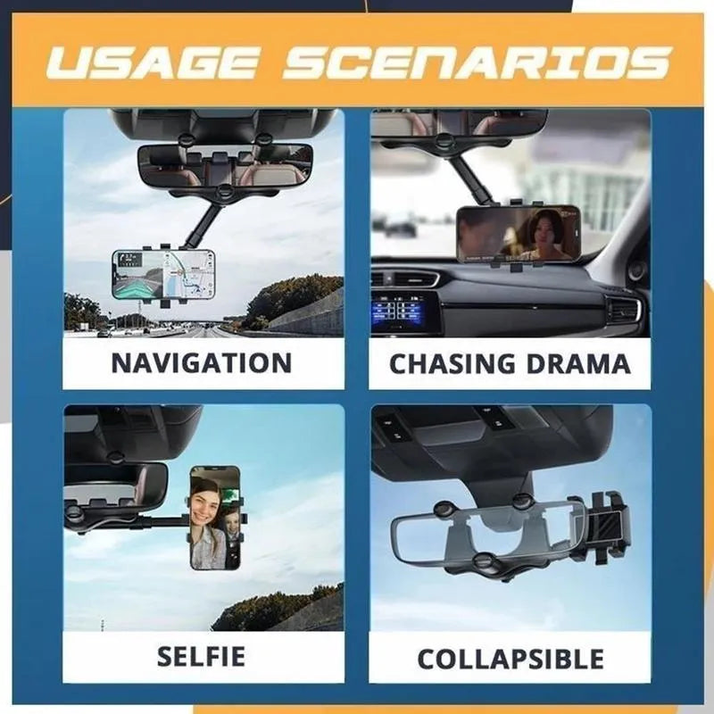 Black rearview mirror car phone holder showing 360-degree rotation and telescopic arm extended.