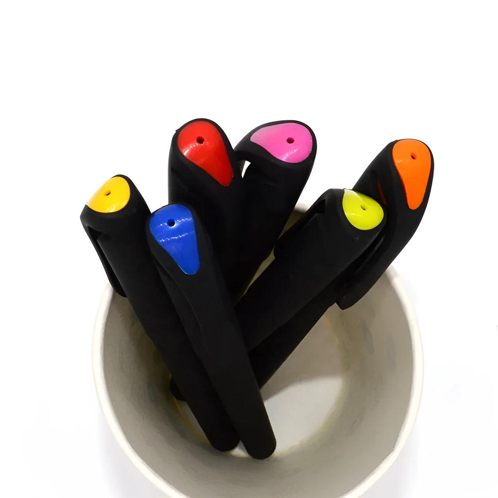 Set of 10 plastic gel pens with various coloured barrels and black ink refills showing 14cm length