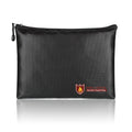 Black fireproof contract document bag showing three size options for secure paper storage