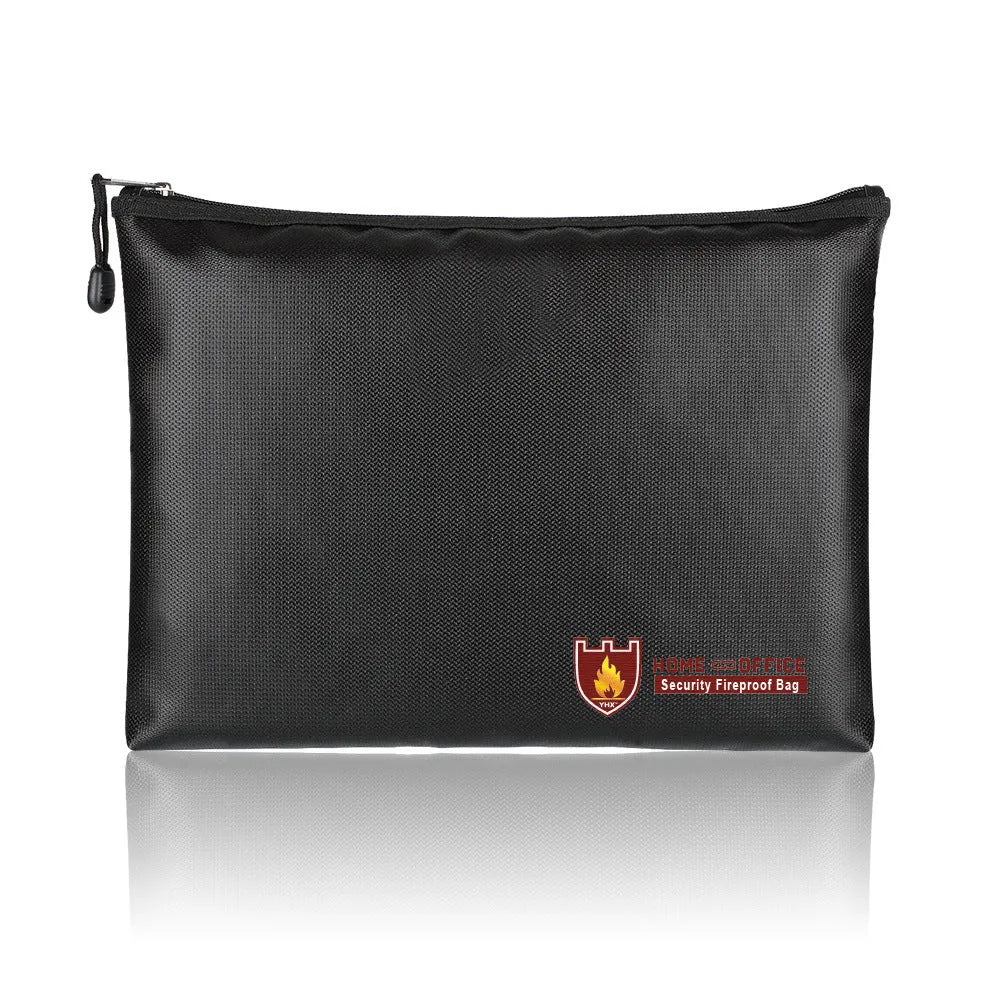 Black fireproof contract document bag showing three size options for secure paper storage