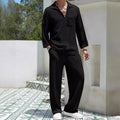 Men's casual polyester commuter suit in lake blue, showing shirt jacket and trousers laid flat.
