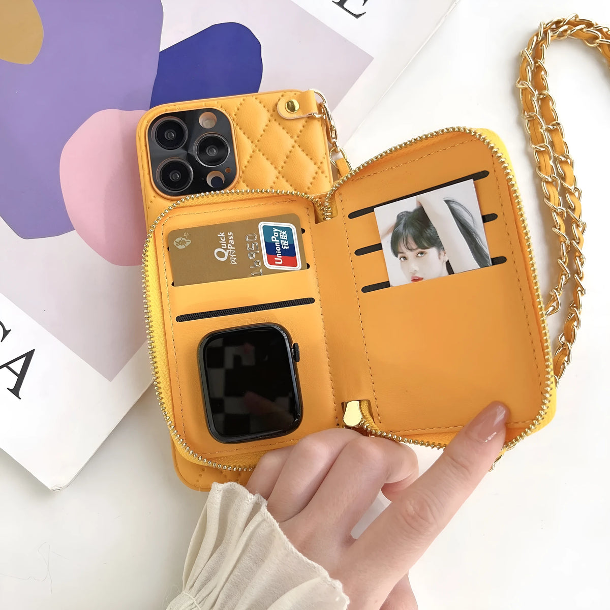 Lambskin phone case with card holder and chain strap in classic rhombic design, black colour
