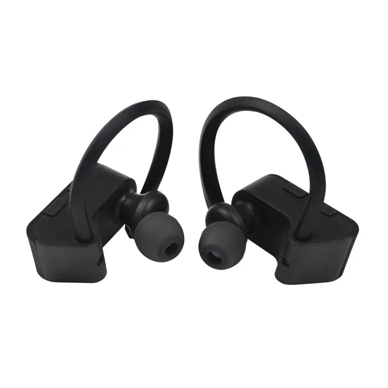 Black wireless Bluetooth earphones with ergonomic design and LED charging indicator.