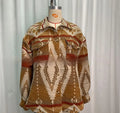 Women's loose-fit retro jacket with Aztec print in woolen fabric, shown in army green.