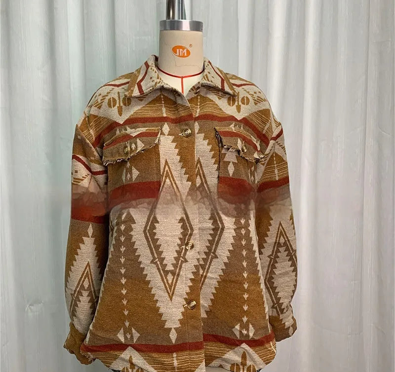 Women's loose-fit retro jacket with Aztec print in woolen fabric, shown in army green.