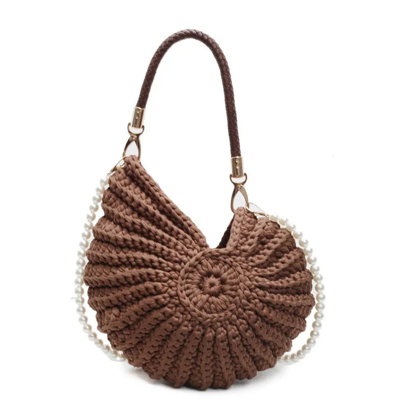 Handmade woven women's shoulder bag in retro style with cloth exterior and open pocket