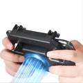 A black mobile game controller with USB cable, shot trigger, and grip buttons for smartphones.