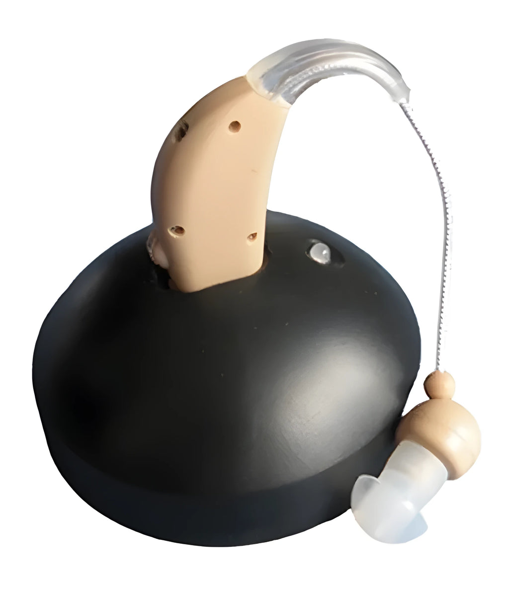 Rechargeable behind the ear hearing aid amplifier with Mini ear receiver and wireless charging case.