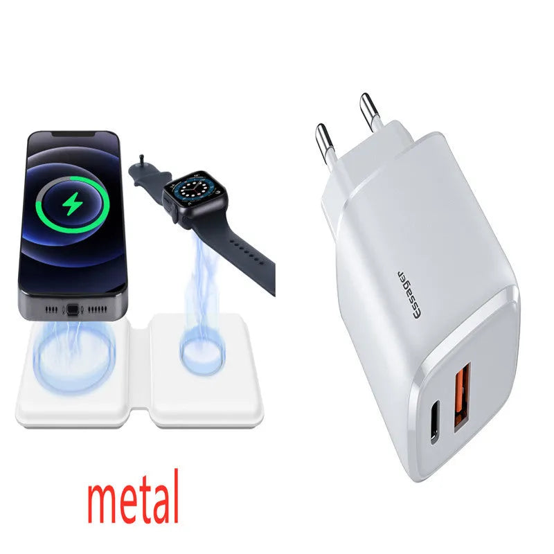 White foldable dual magnetic wireless charging dock showing 15W QI fast charging for two phones.