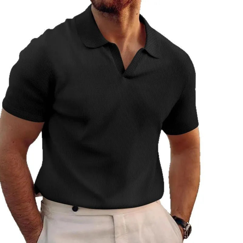 Men's slim-fit lapels T-shirt with heavy waffle knit texture in solid colour.