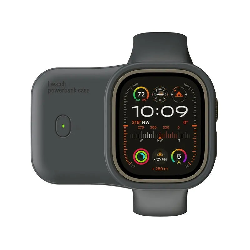 Apple Watch portable wireless charging case and silicone cover in brown, midnight blue, or starlight.