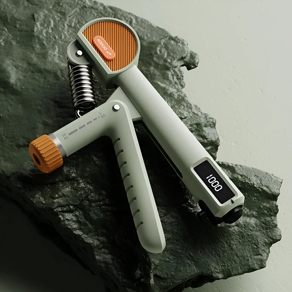 Adjustable count spring hand grip strengthener in ABS plastic construction showing multiple colour options