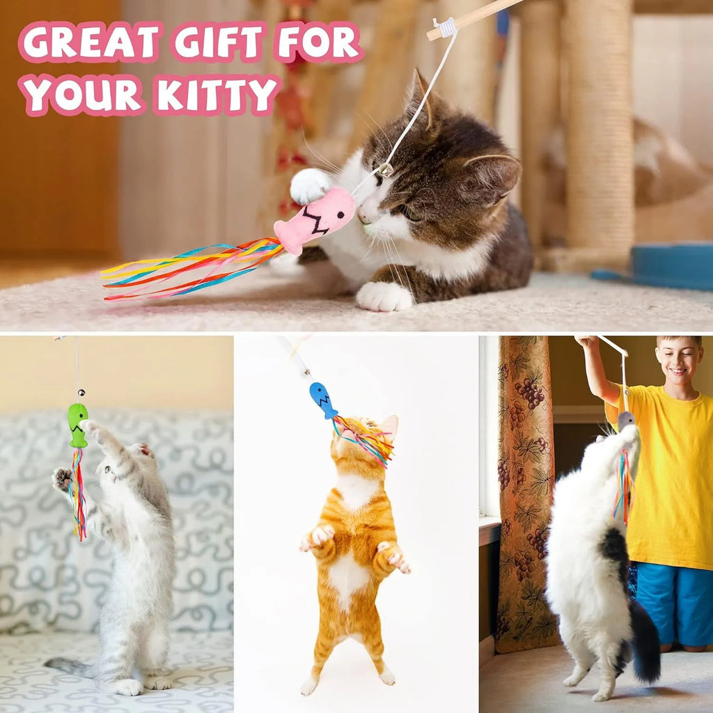 Cat wand toy with wooden handle, elastic rope, catnip fish, colourful ribbons, and bell