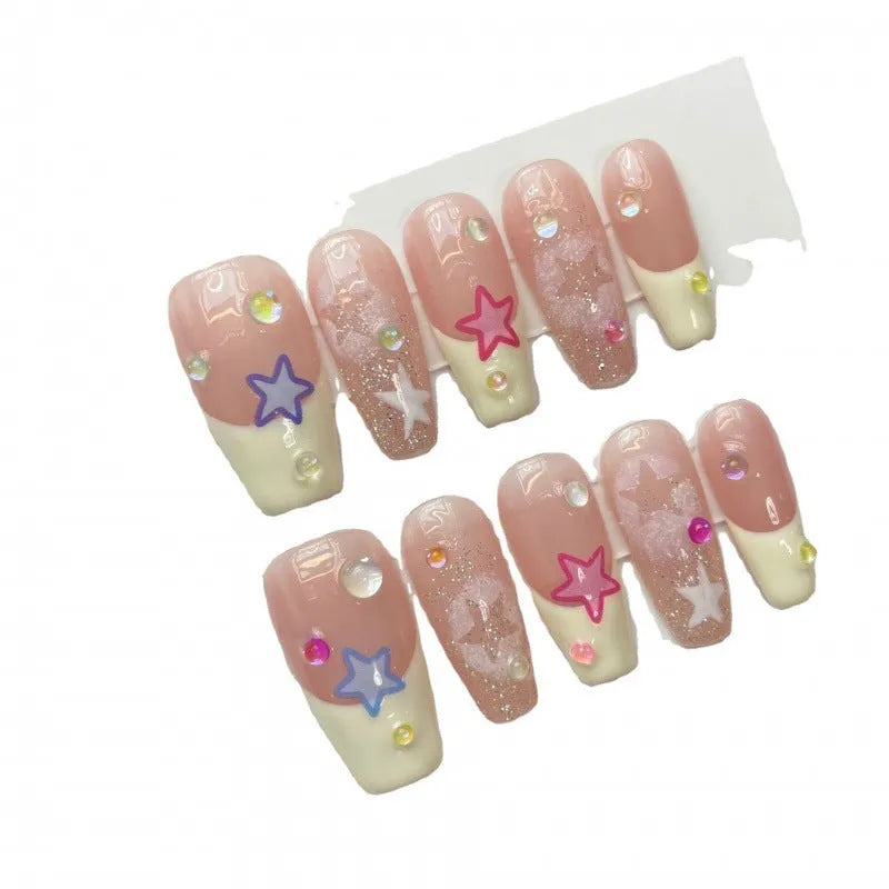 Handmade wearable press-on nails with Sweet Star ladder pattern in ultra-thin seamless style on fingertips