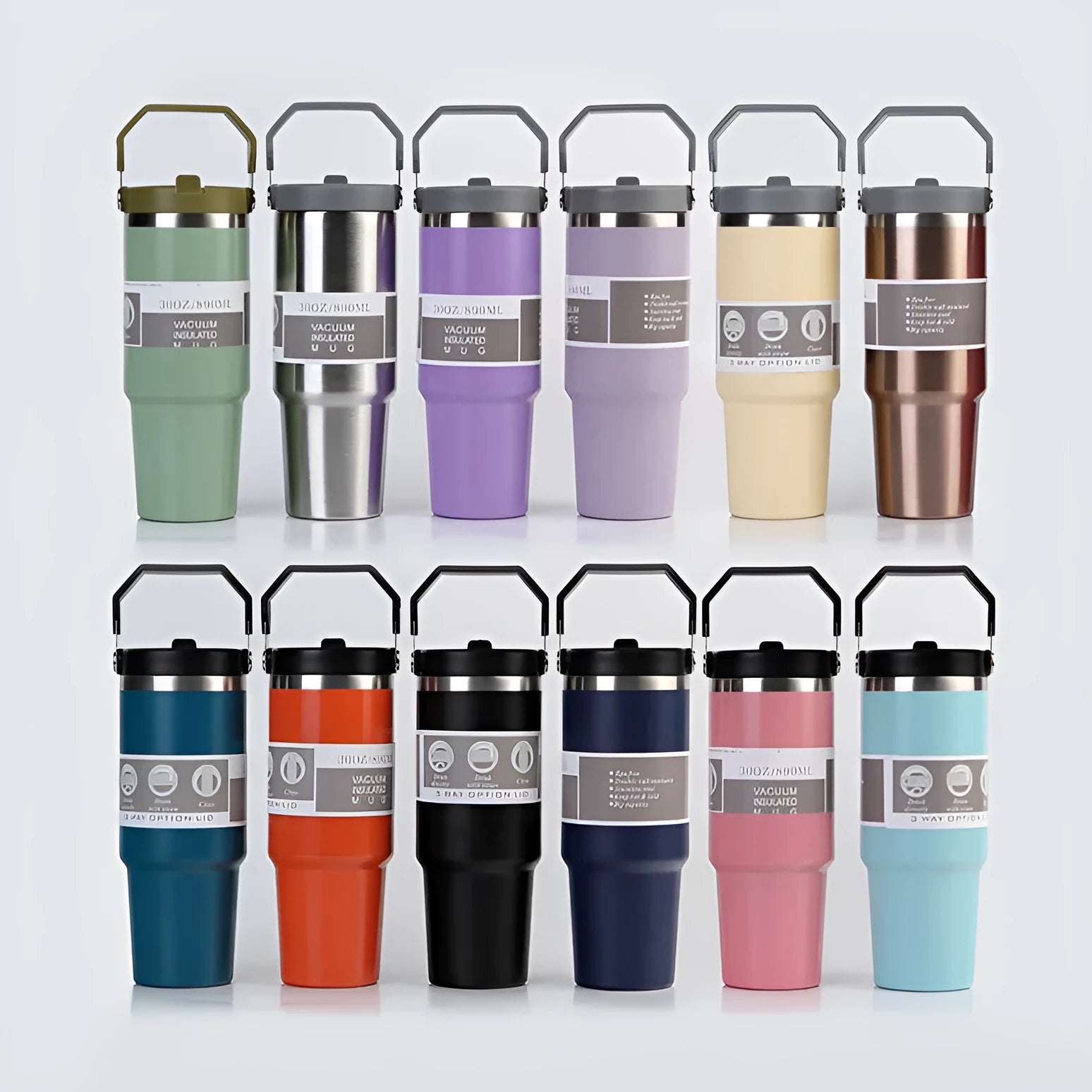 30oz stainless steel insulated travel cup with handle and sliding lid in multiple colour options
