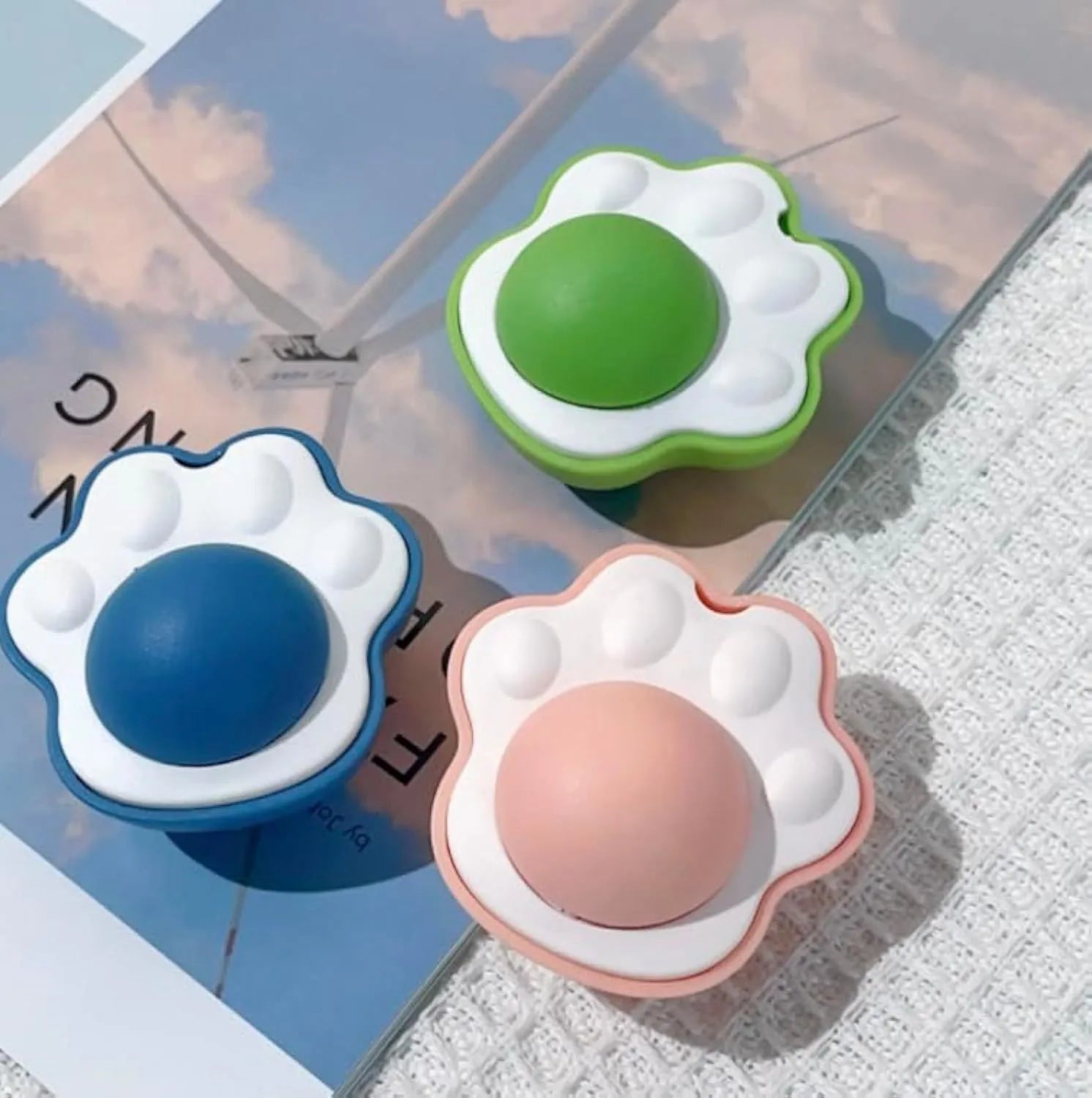 Edible catnip dental balls in blue, green, pink colours for teeth cleaning and play