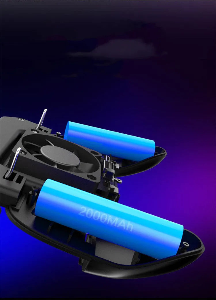 A black mobile game controller with USB cable, shot trigger, and grip buttons for smartphones.