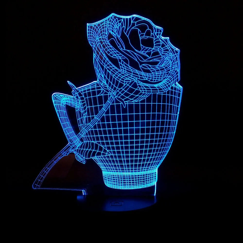 3D Rose Flower Night Light in black finish showing laser-engraved design glowing in purple light, with remote control.