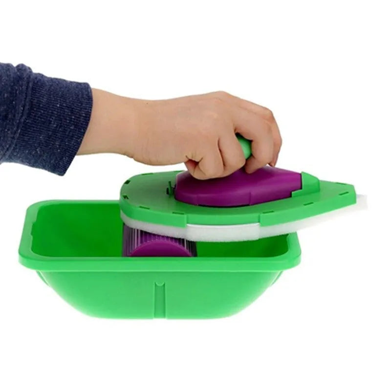 Green household DIY painting kit with plastic roller tray, large paint brush, and small paint brush with sponge pads