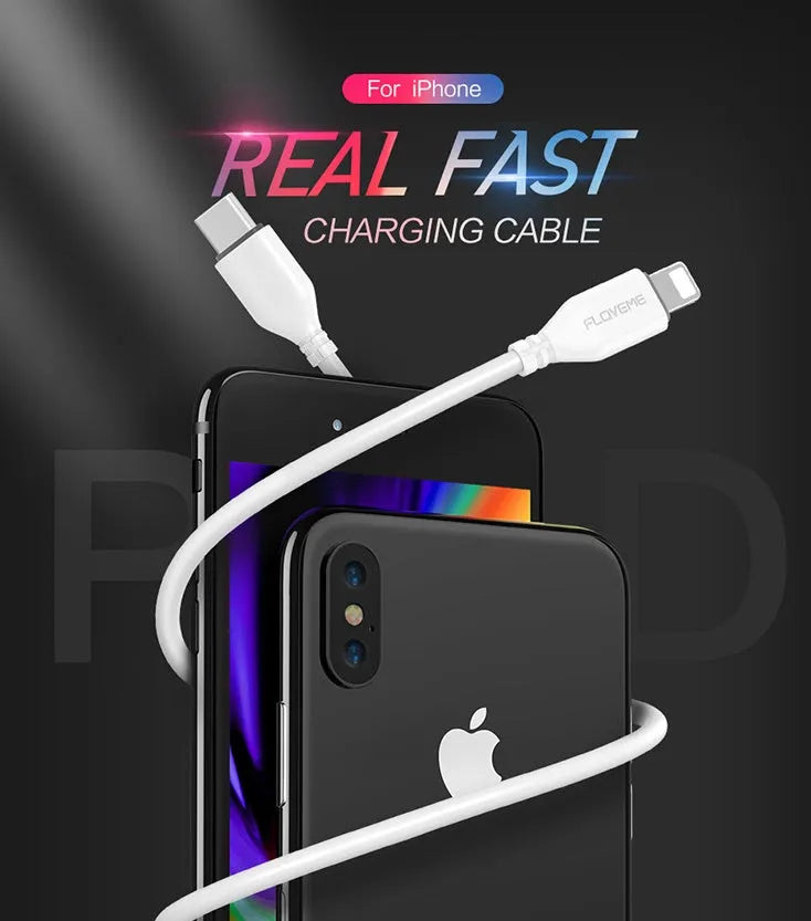 White nylon braided USB-C to Lightning charging cable for iPhone and iPad.