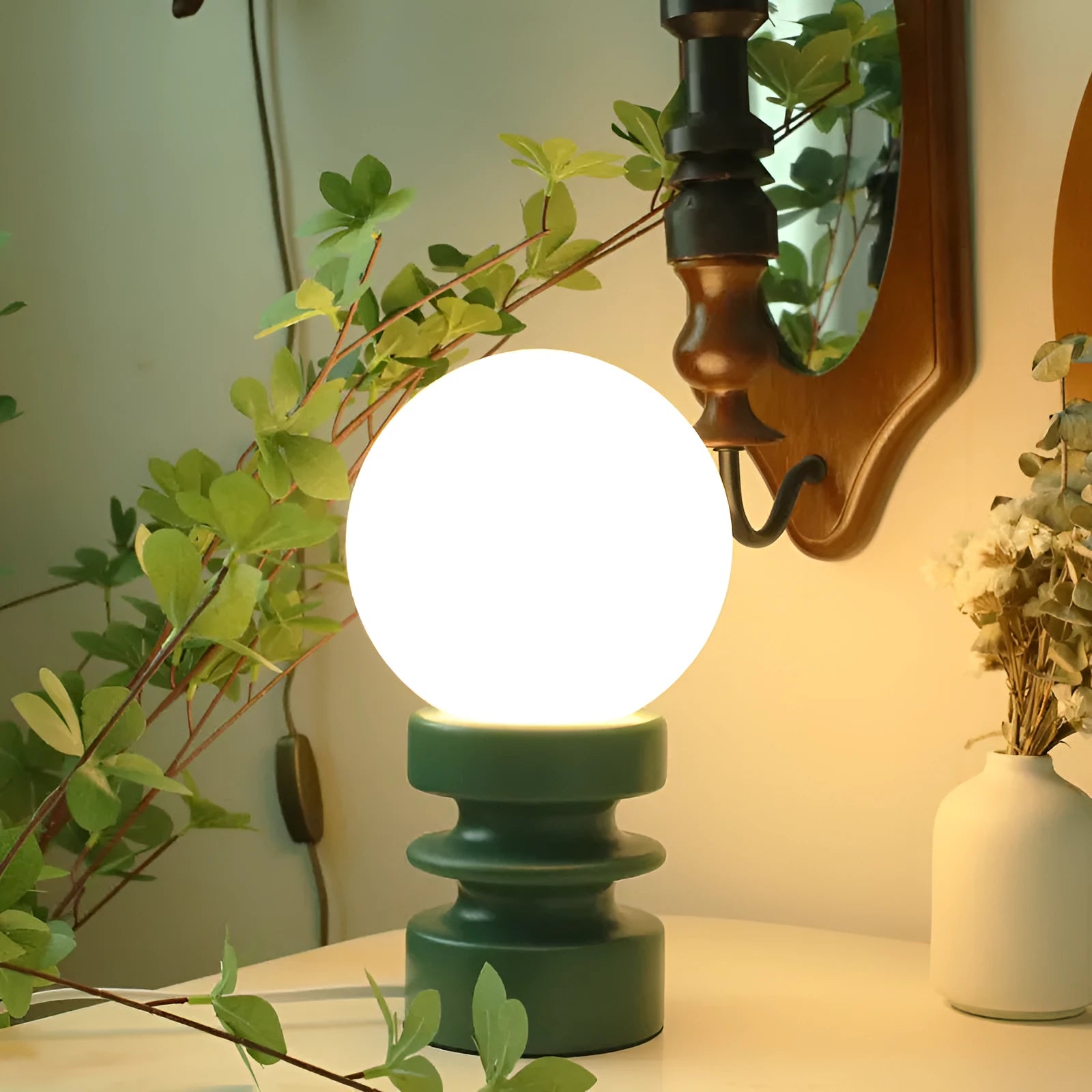 Solid wood and glass Korean style bedside table lamp in orange, green, or red