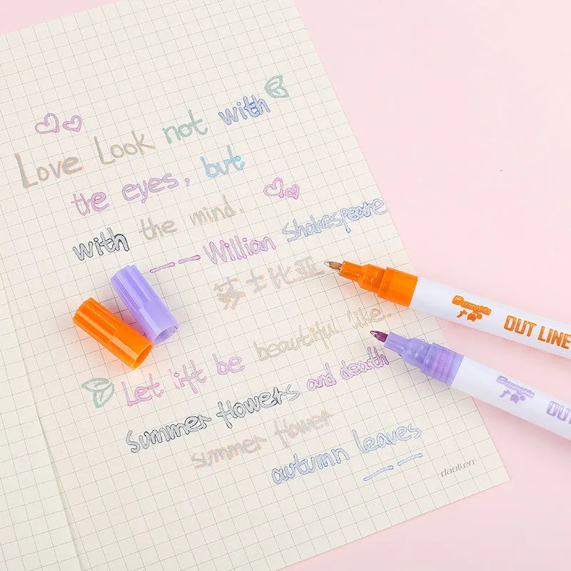 Set of eight fluorescent highlighter pens with 2mm tips next to their storage box.