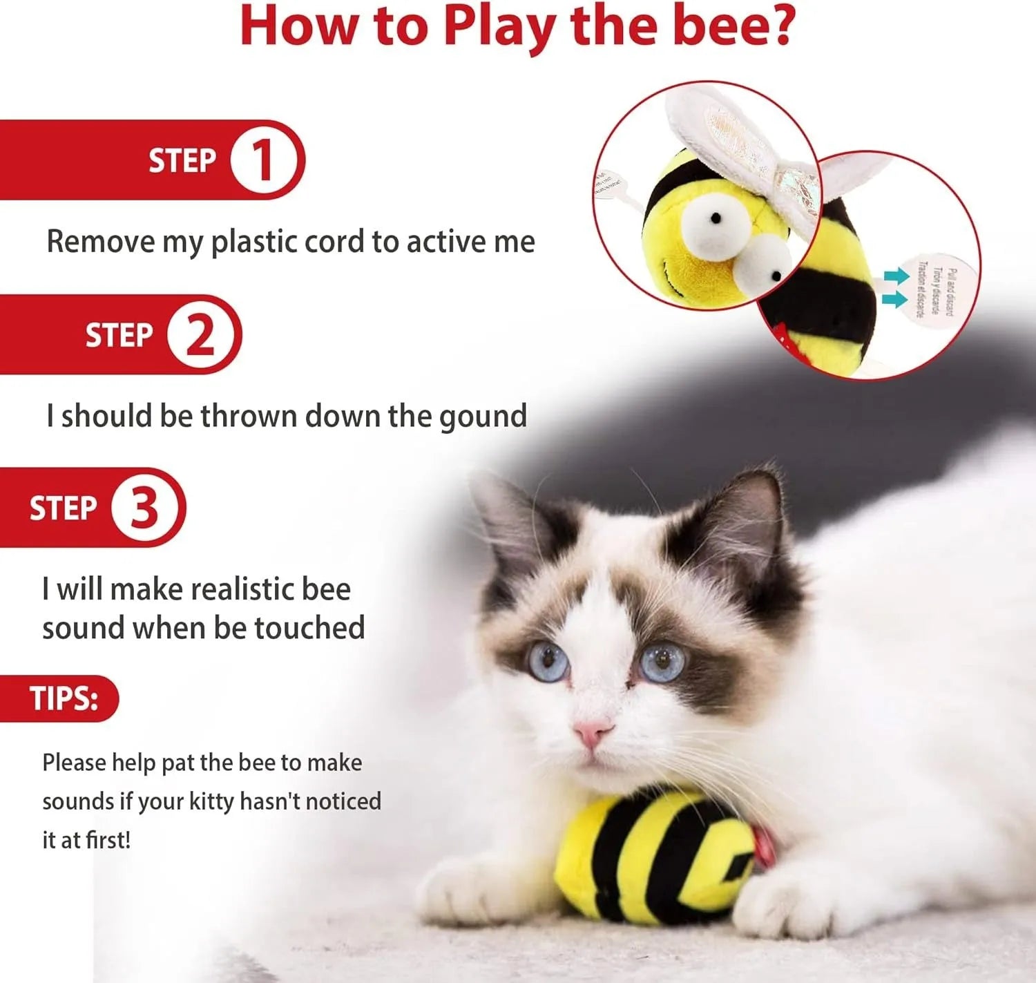 Yellow flannelette bee-shaped electronic cat toy with motion-activated chirping sound.