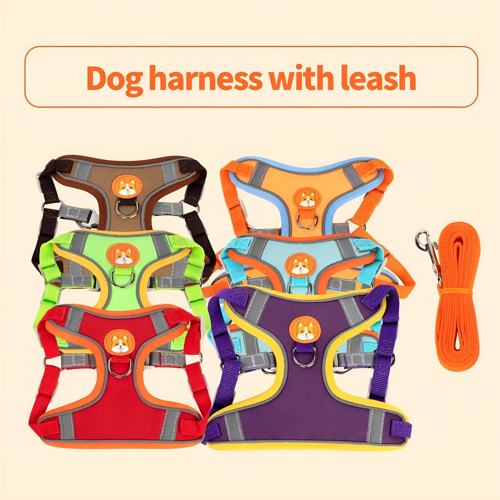 Adjustable dog harness vest with haulage rope leash in purple colour option