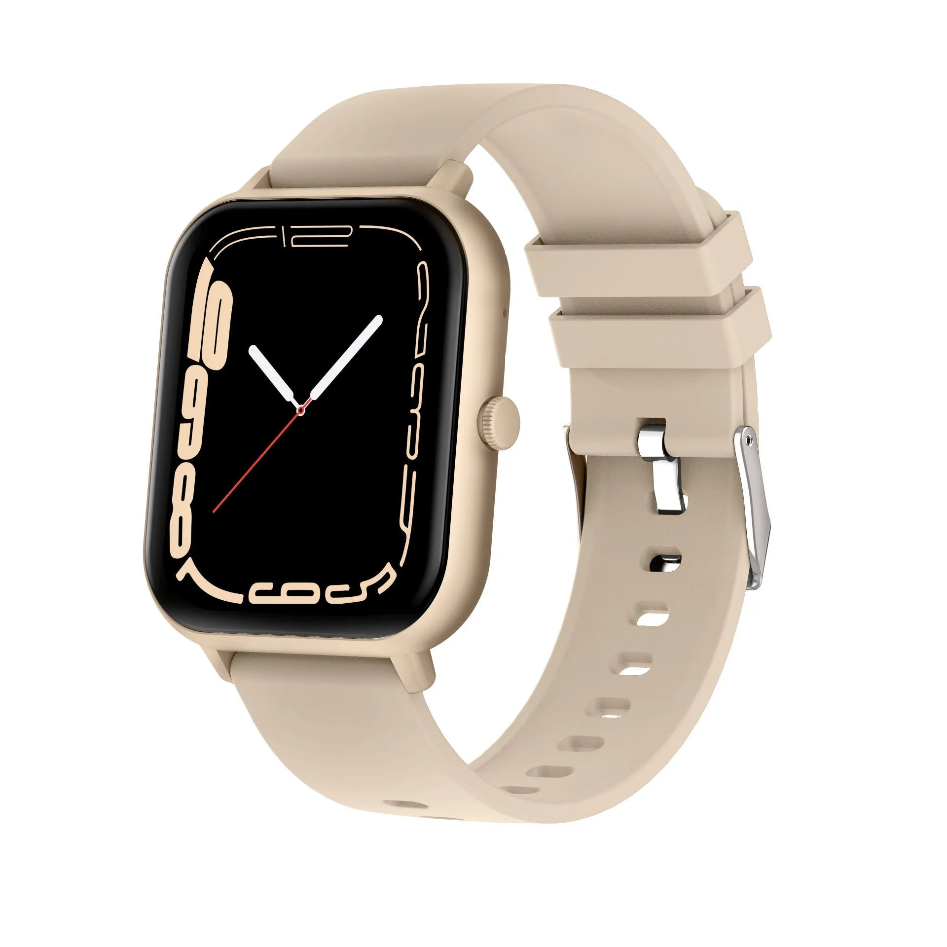 Bluetooth smart watch with touch screen displayed in black, silver grey, pink, and khaki colour options.