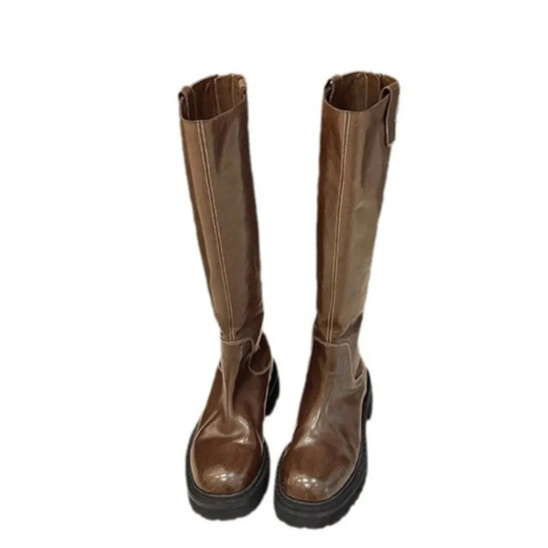 Women's black long tube knight boots with round toe and chunky rubber sole